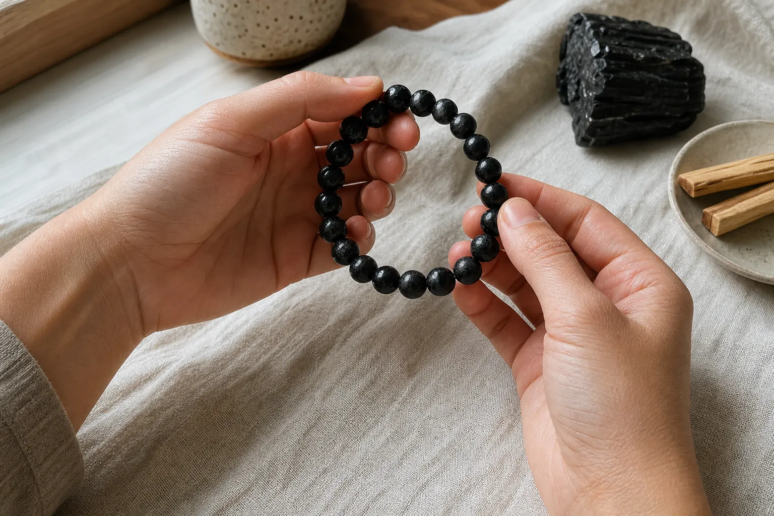 A heavy black tourmaline bracelet resting near both wrists to compare which side feels less intrusive