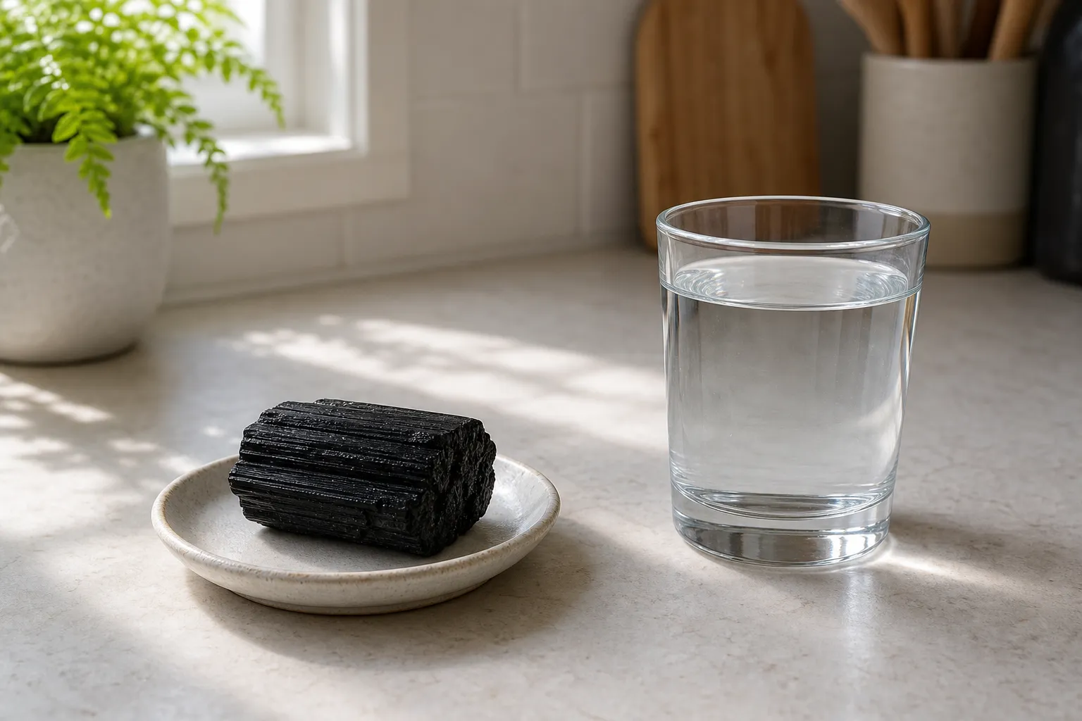 Raw black tourmaline kept dry beside a drinking glass to show the boundary between mineral display and water contact