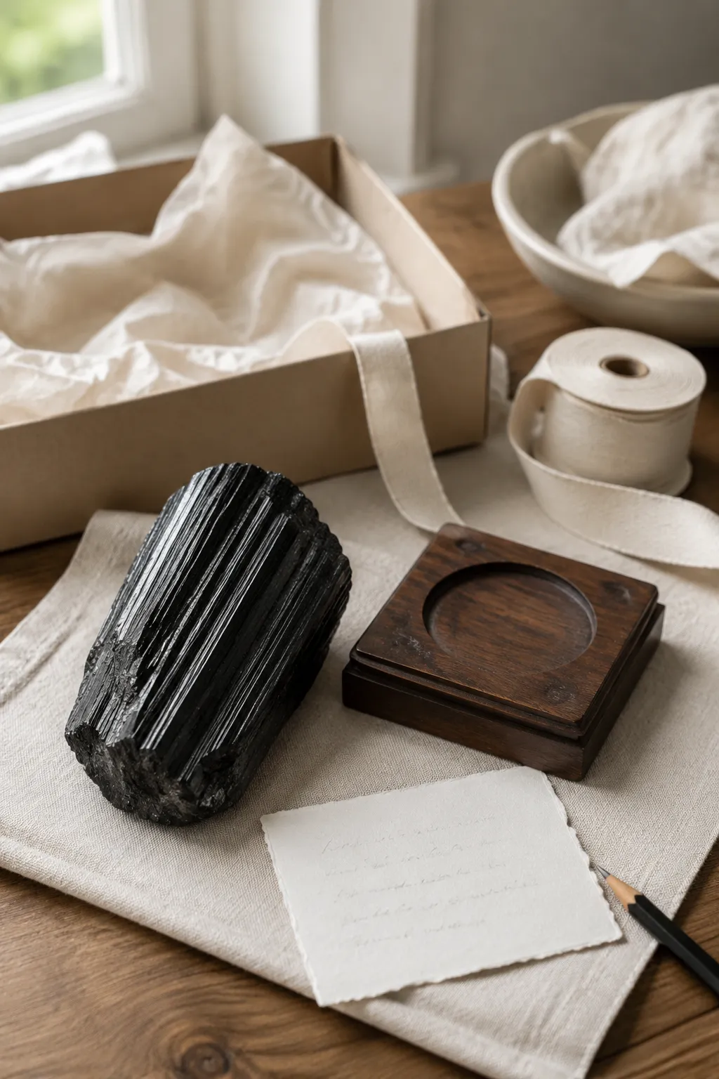 A raw schorl gift arranged with simple wrapping, a small display base, and a note that offers optional meaning.