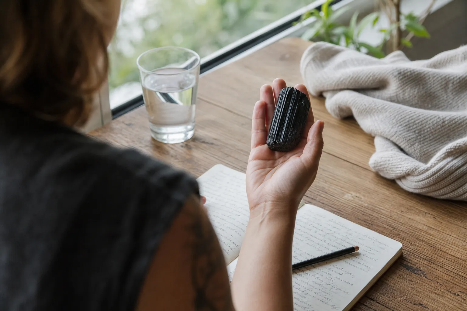 A person holding a dark crystal while noting warmth, chills, and ordinary session conditions