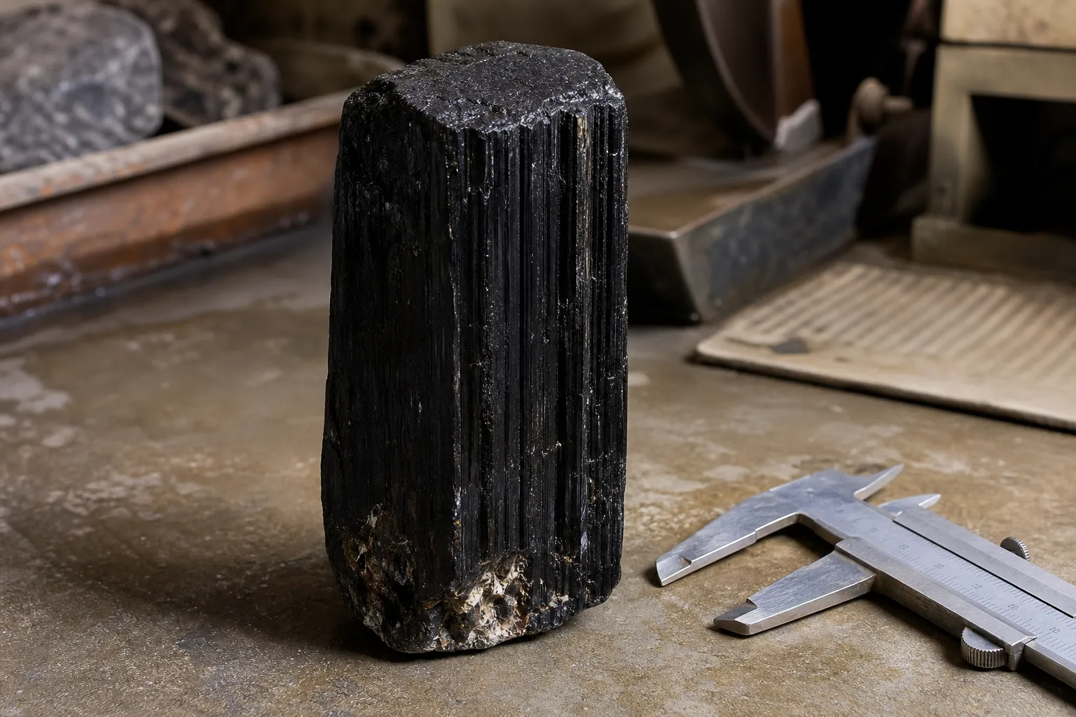 Black tourmaline specimen showing a natural column-like form before a hexagon-preserving cut