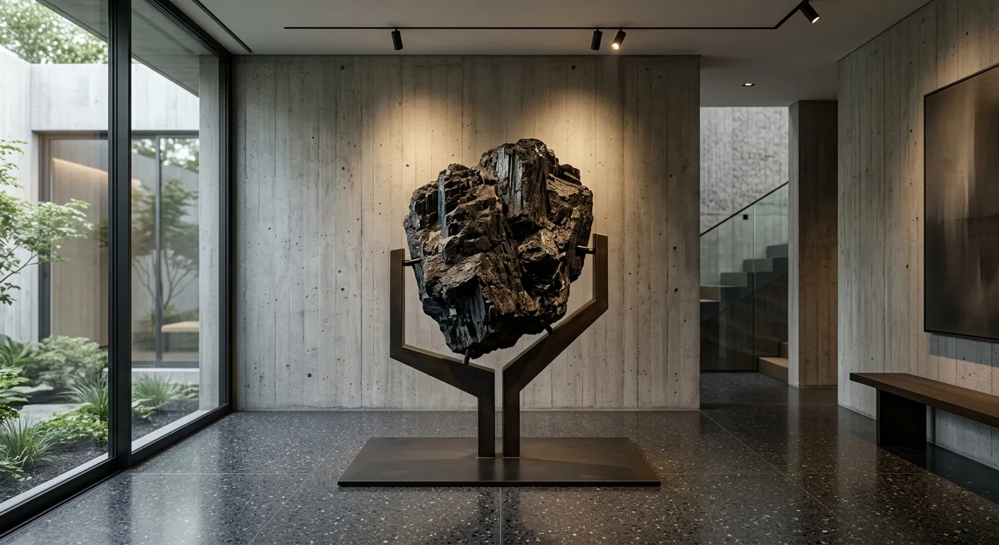Large Schorl matrix specimen displayed in a minimalist architectural setting