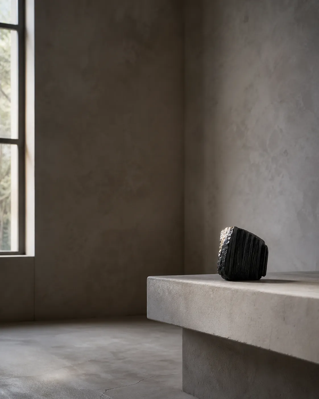 Raw black tourmaline used as a dark textured counterweight against quiet microcement and limewash surfaces