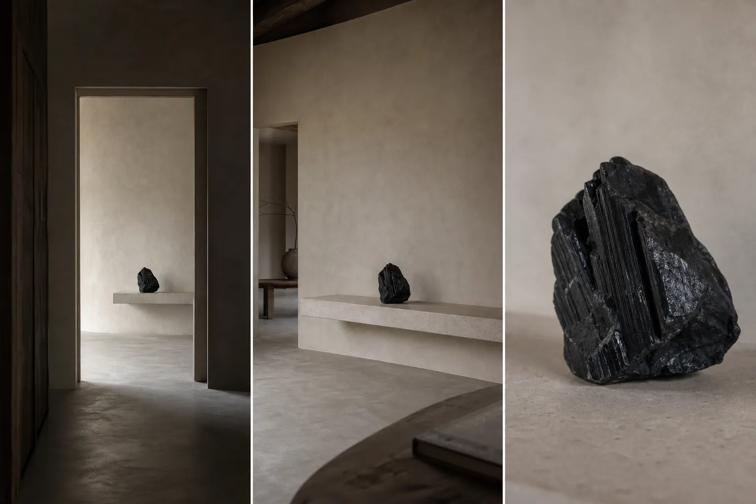 A raw black tourmaline placement considered from doorway distance, standing distance, and close range