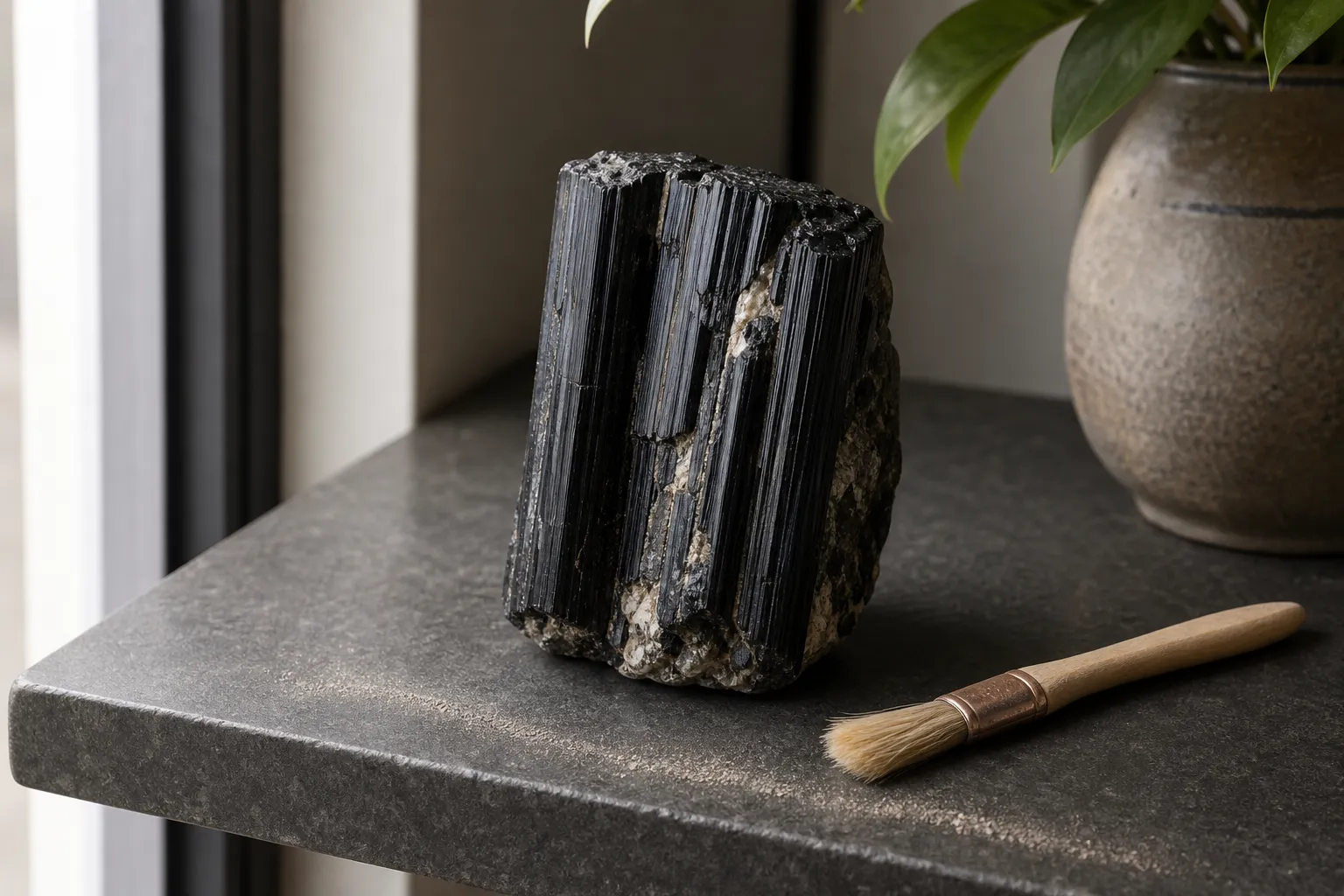 Black tourmaline on a clean display surface with a soft dry brush nearby