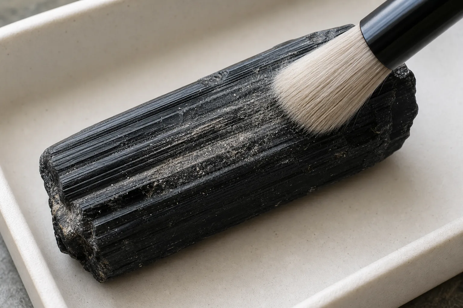 Soft brush following the ridges of a black tourmaline crystal on a cleaned display tray
