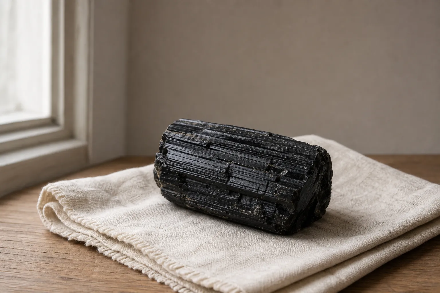 Fragile black tourmaline resting on a dry cloth with no water, salt, or spray nearby