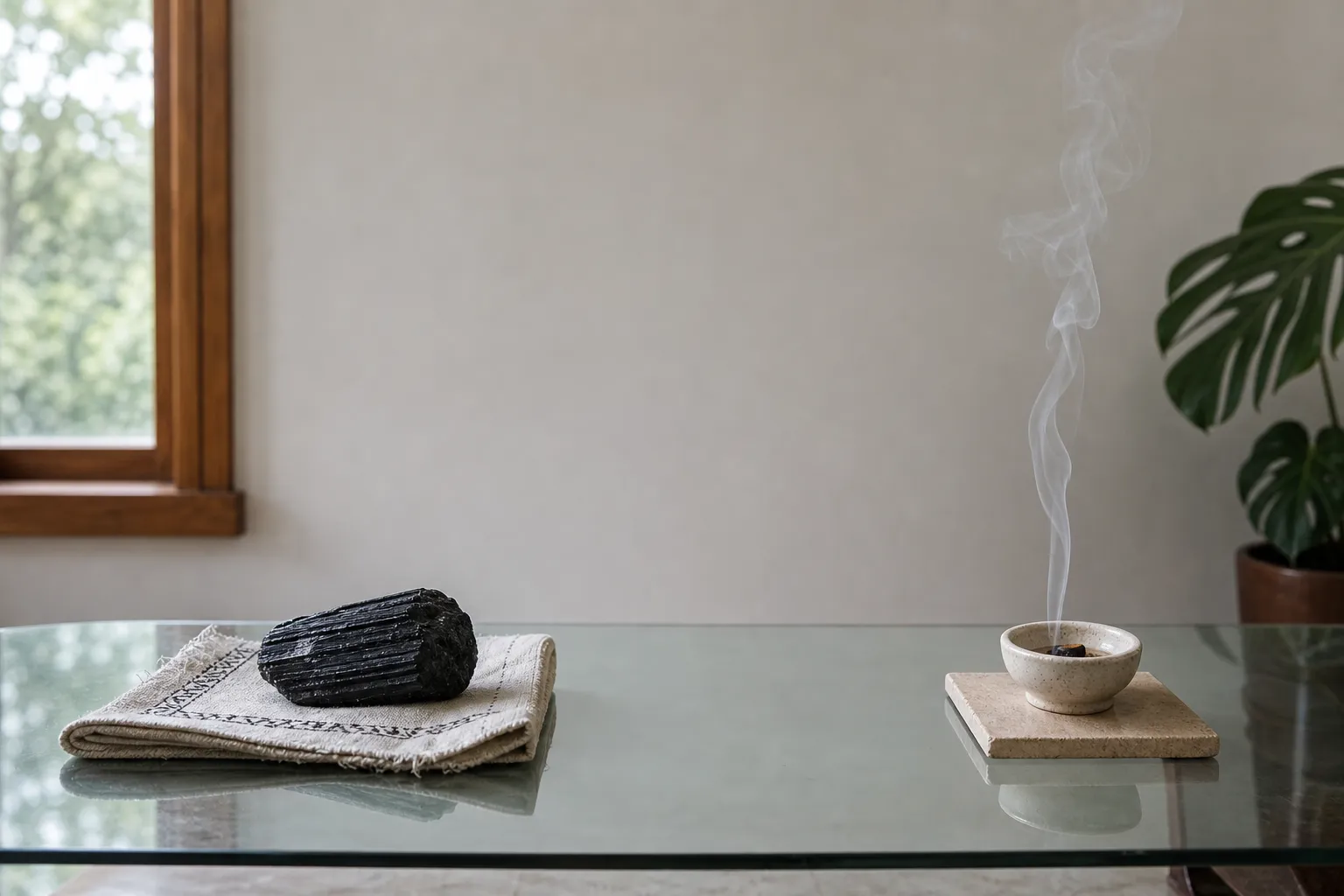 Smoke held at a safe distance from black tourmaline on a dry cloth with a heatproof holder nearby