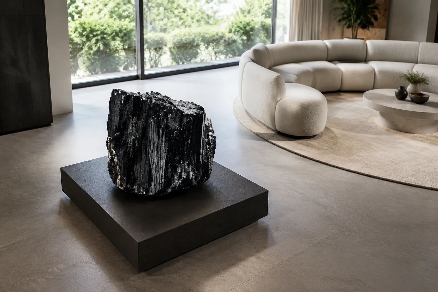 Stable low plinth with black tourmaline near curved furniture, leaving clear circulation and visual breathing room