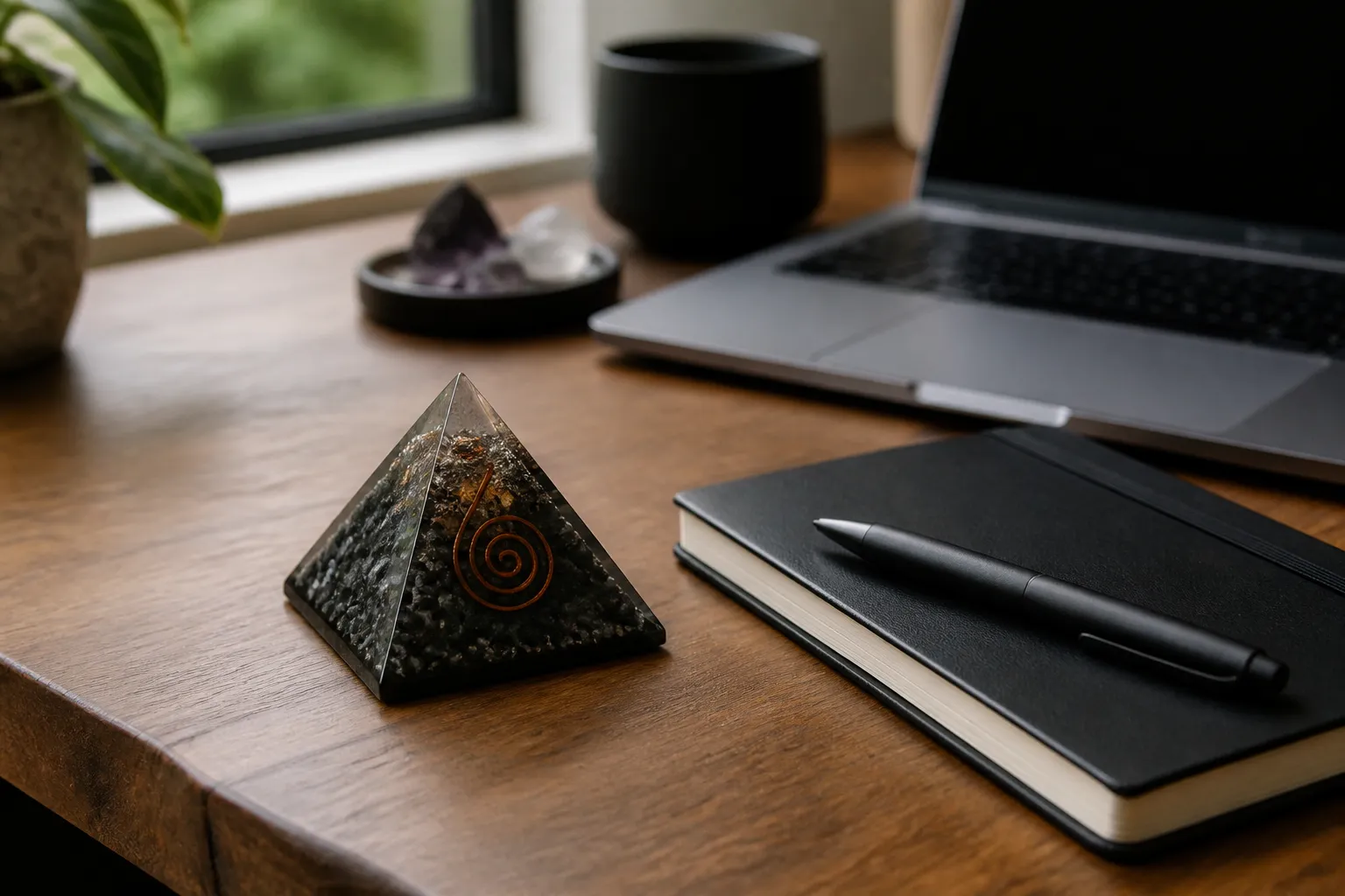 Orgonite tourmaline pyramid used as a visible desk anchor beside a notebook in a work-from-home setup
