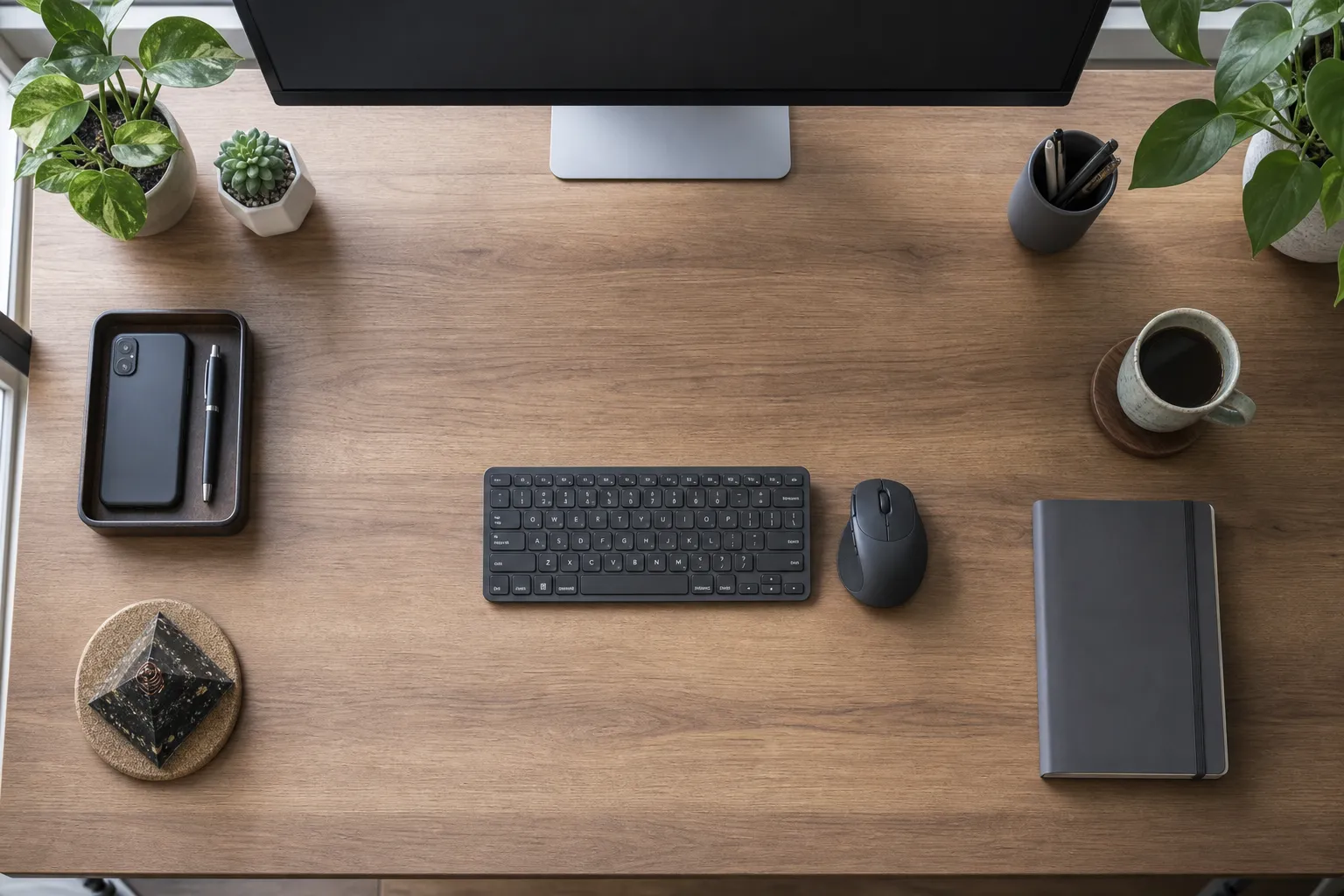 Compact desk zones showing a tourmaline pyramid outside the active keyboard and mouse area