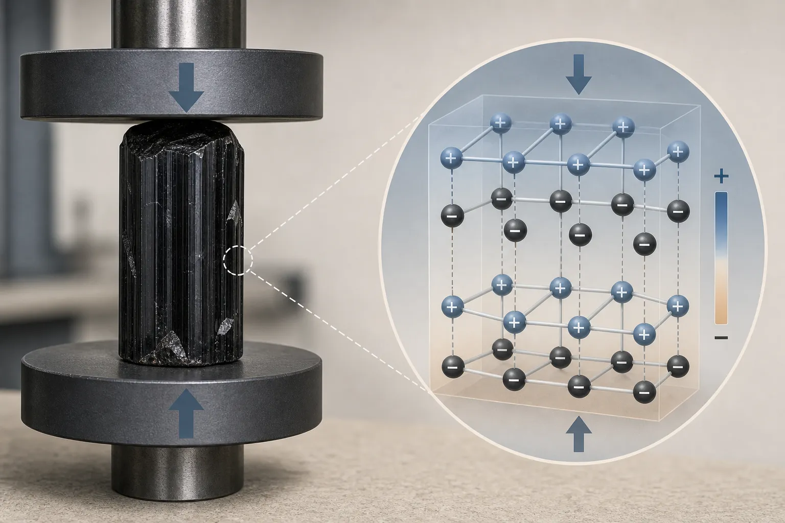 Mechanical stress shifting charge balance inside a piezoelectric crystal structure