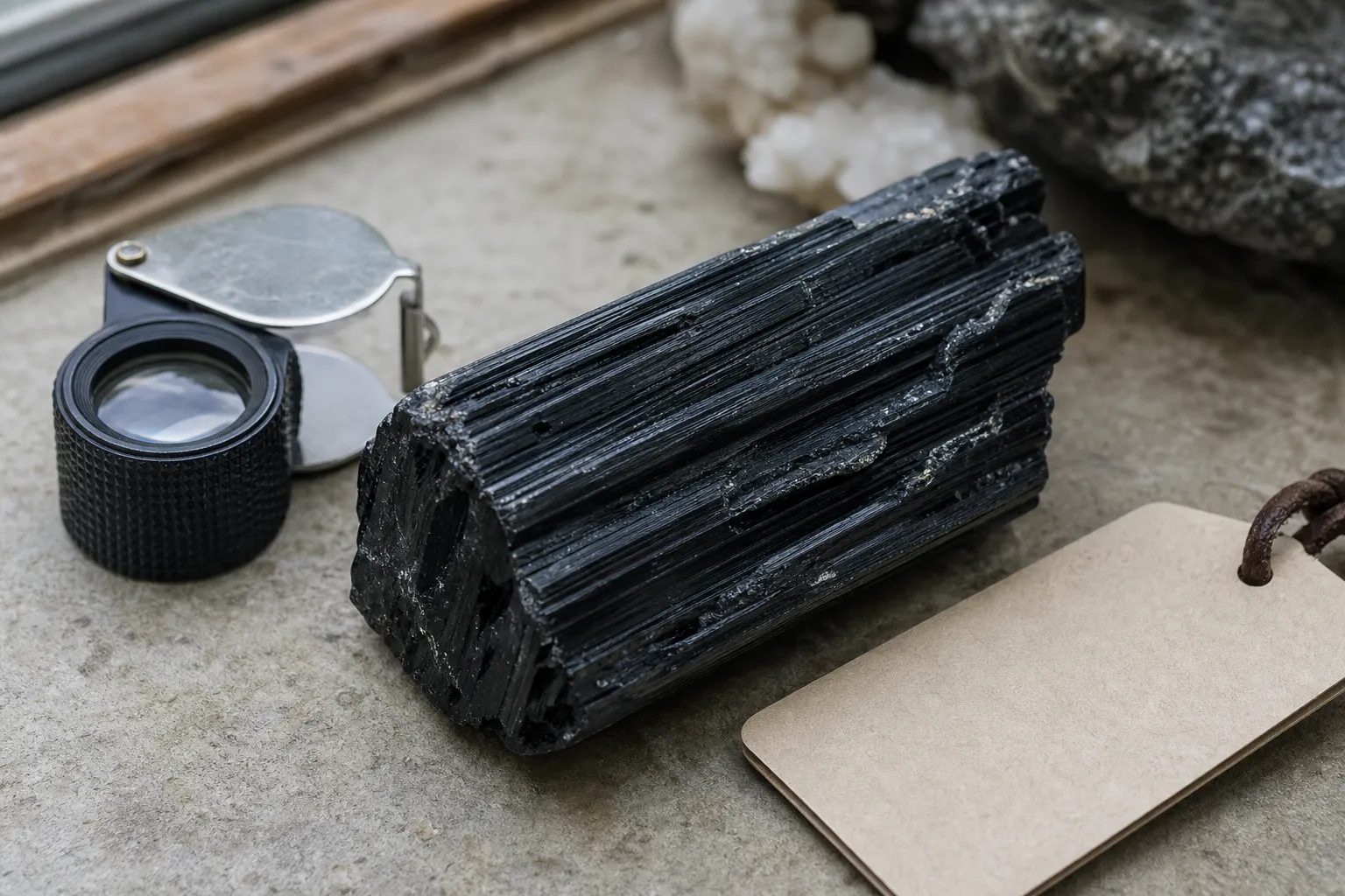 Natural schorl specimen with striations and irregular surfaces shown as variable mineral material