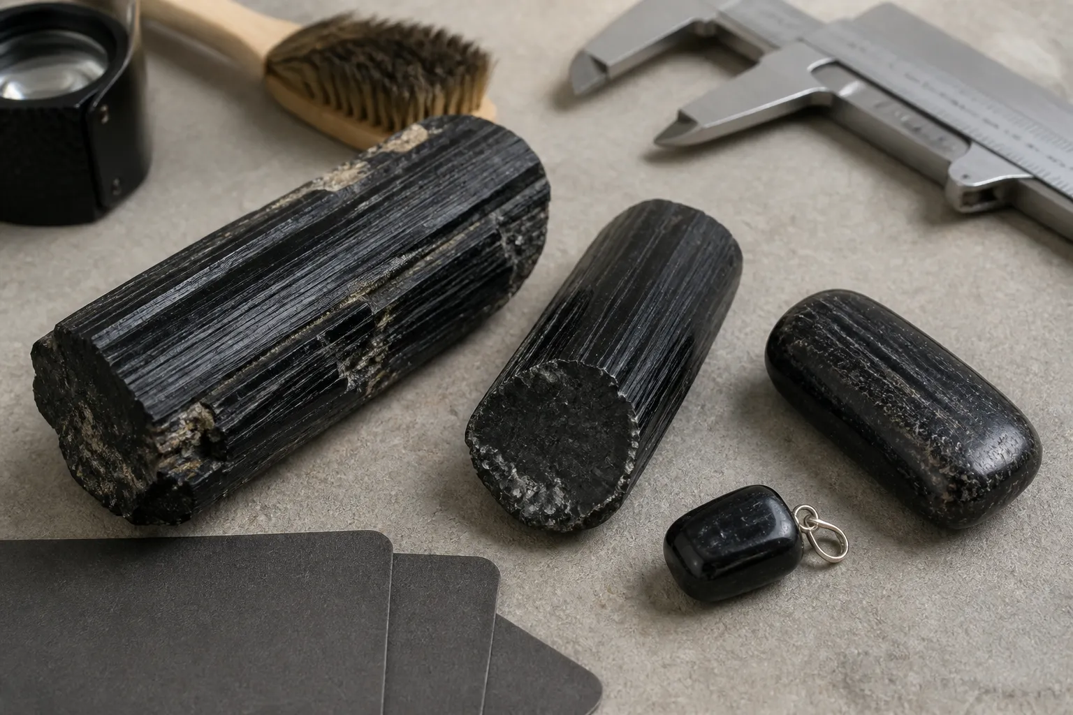 Black tourmaline specimens with different surfaces and orientations showing why pyroelectric response can vary