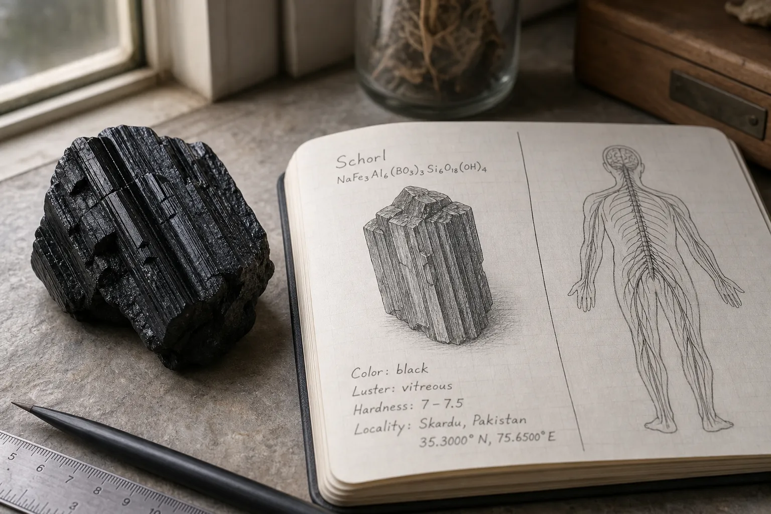A black schorl specimen shown beside a restrained physiology note to distinguish mineral behavior from vagus nerve stimulation claims