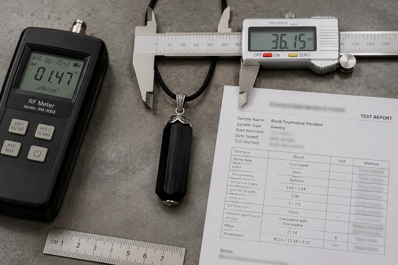 A jewelry claim being evaluated through exact item, frequency range, test setup, and measured result rather than lifestyle language