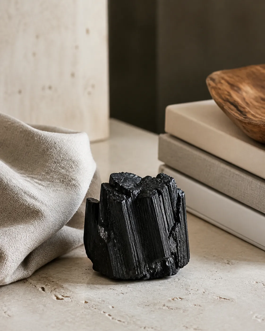 Raw black tourmaline cluster placed with pale stone, linen, wood, and books to show restrained quiet luxury styling