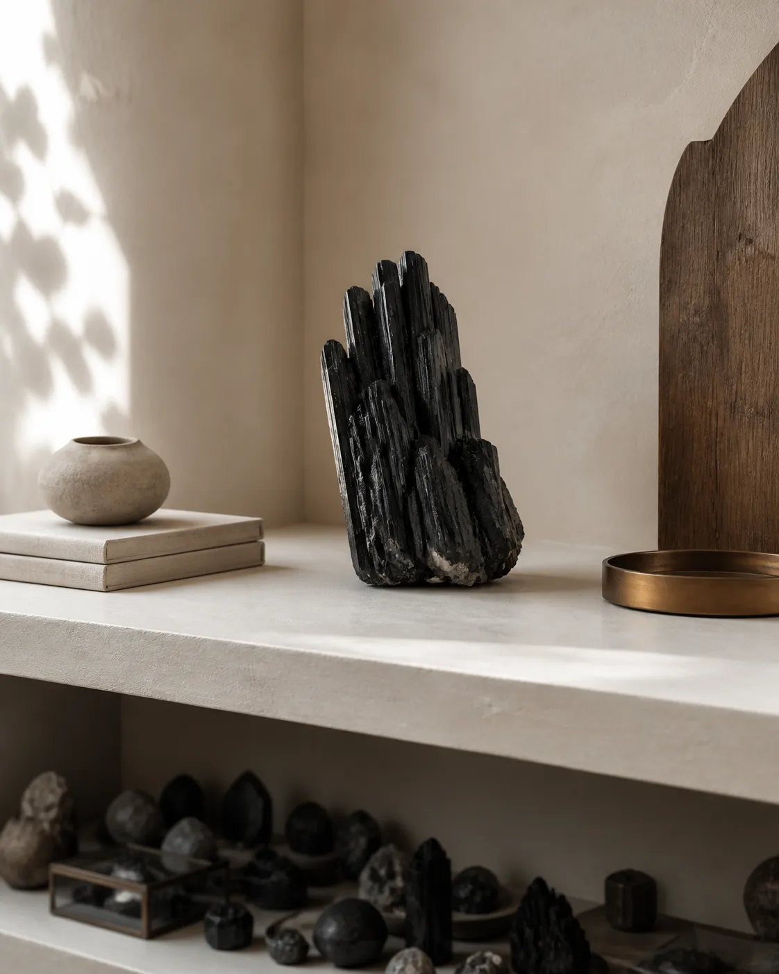 Raw black tourmaline cluster styled with empty space on a quiet shelf to show scale, contrast, and restraint