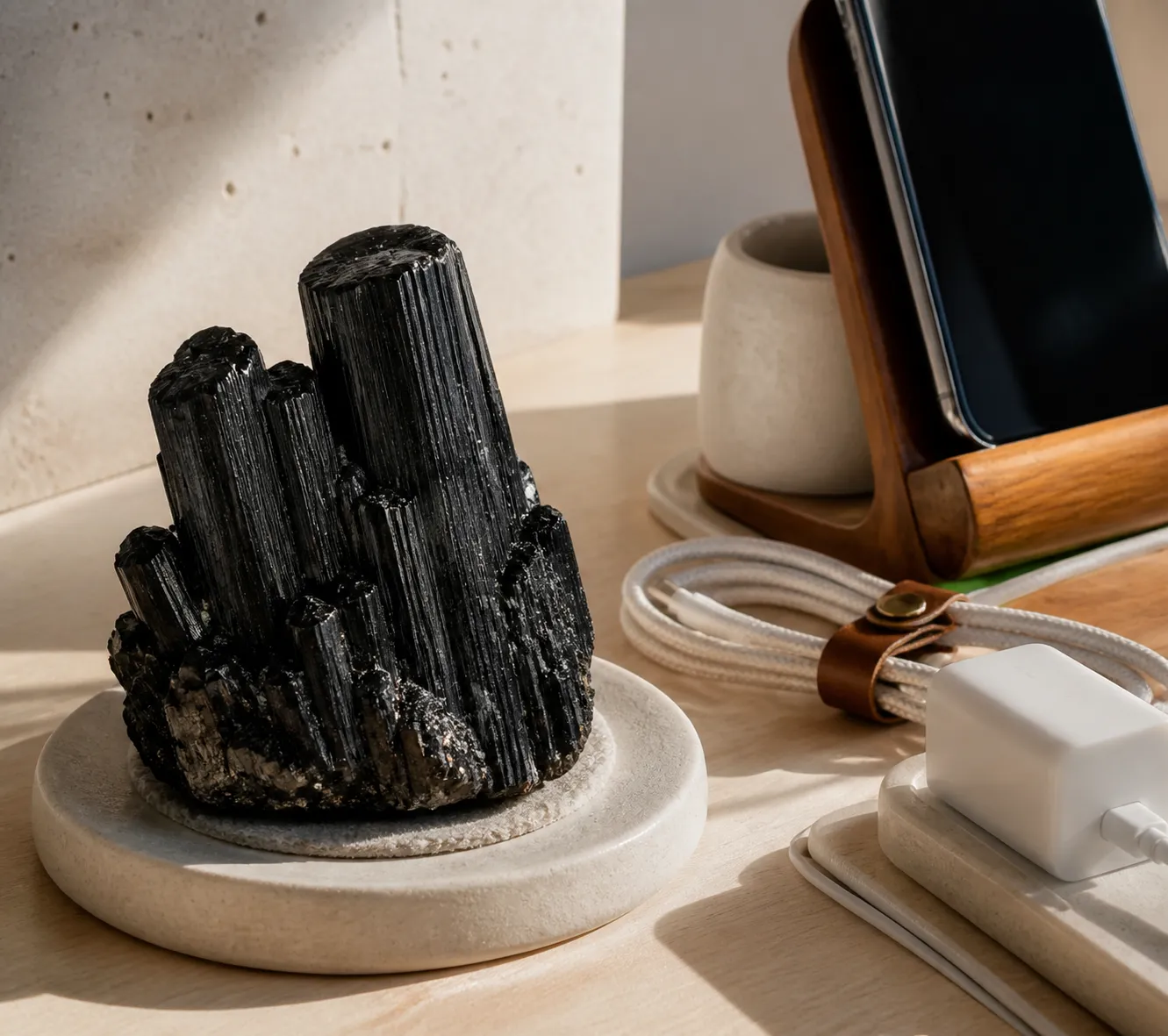Raw black tourmaline cluster on a small base beside cables and a charging area to show stable, intentional placement
