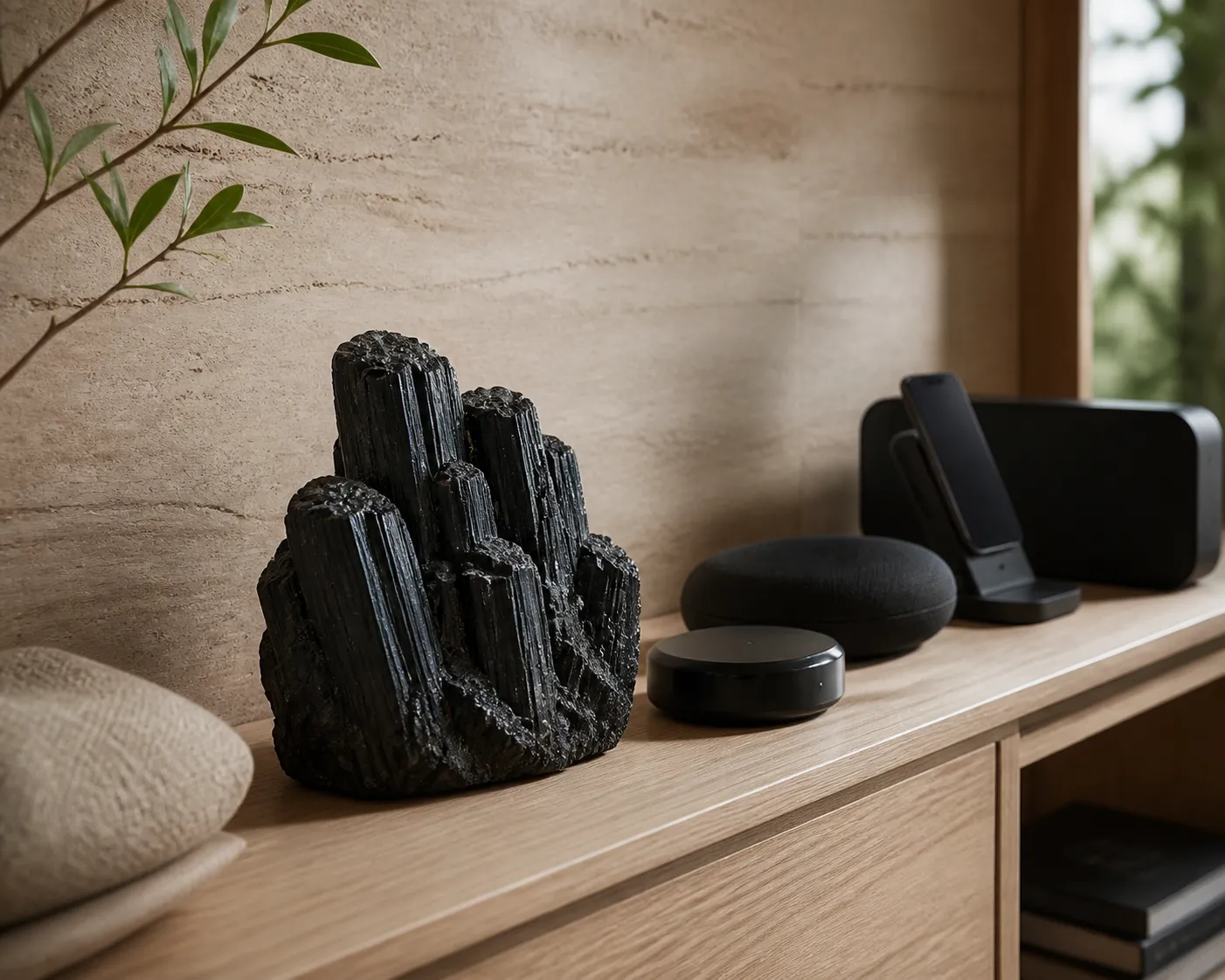 Raw black tourmaline cluster placed near smart home devices as a design contrast, not a technical safeguard
