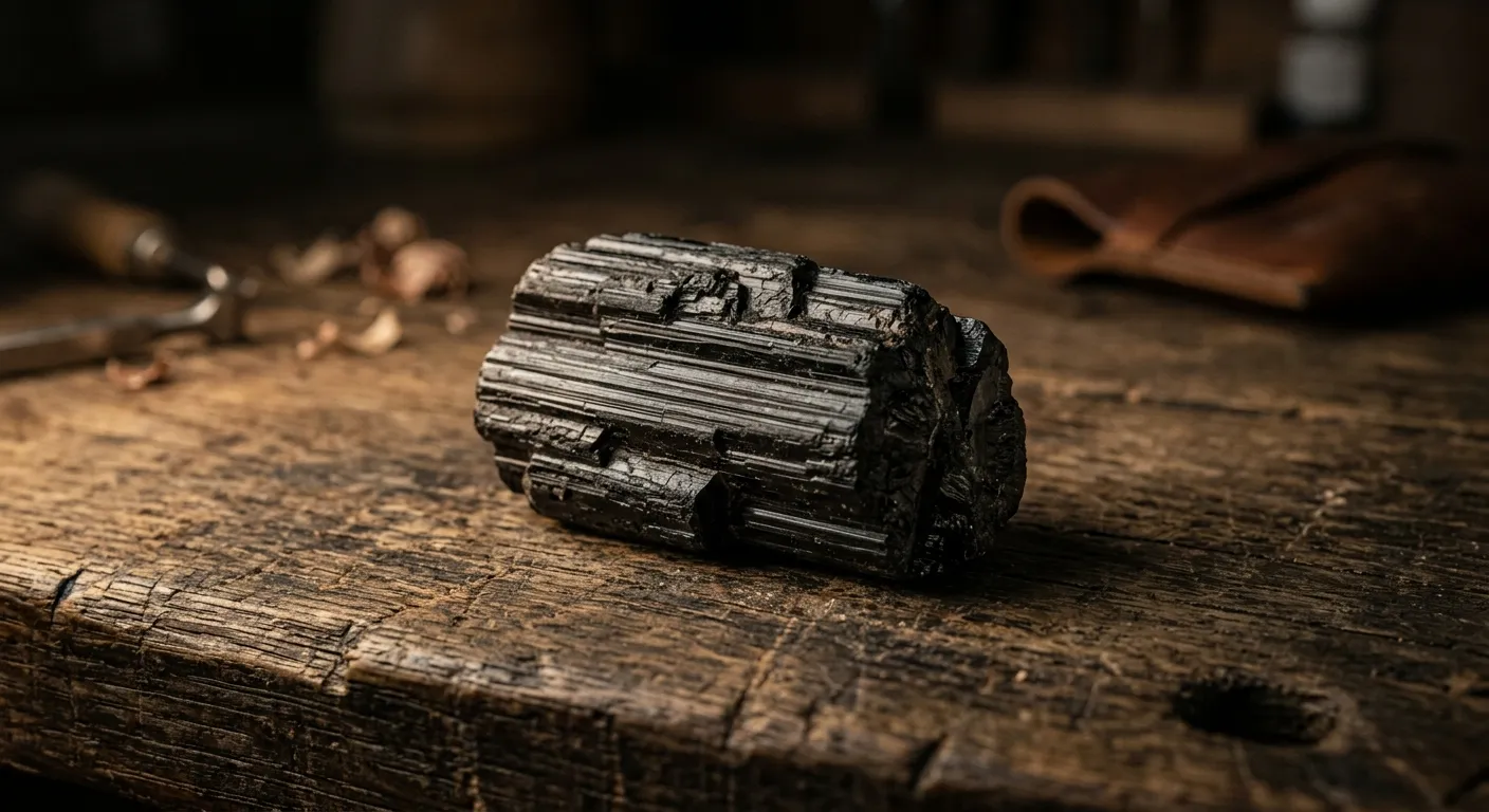 Macro photography of raw black tourmaline crystal on an artisan workbench