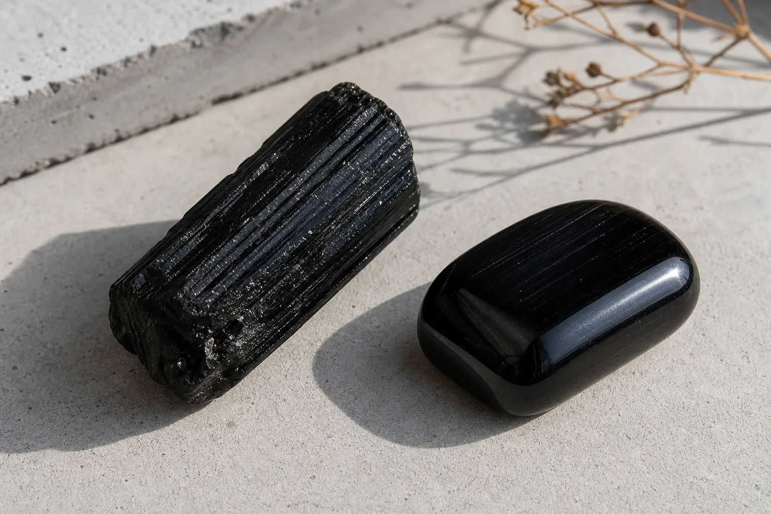 Raw schorl beside a smoother polished black tourmaline form for comparing visible surface evidence