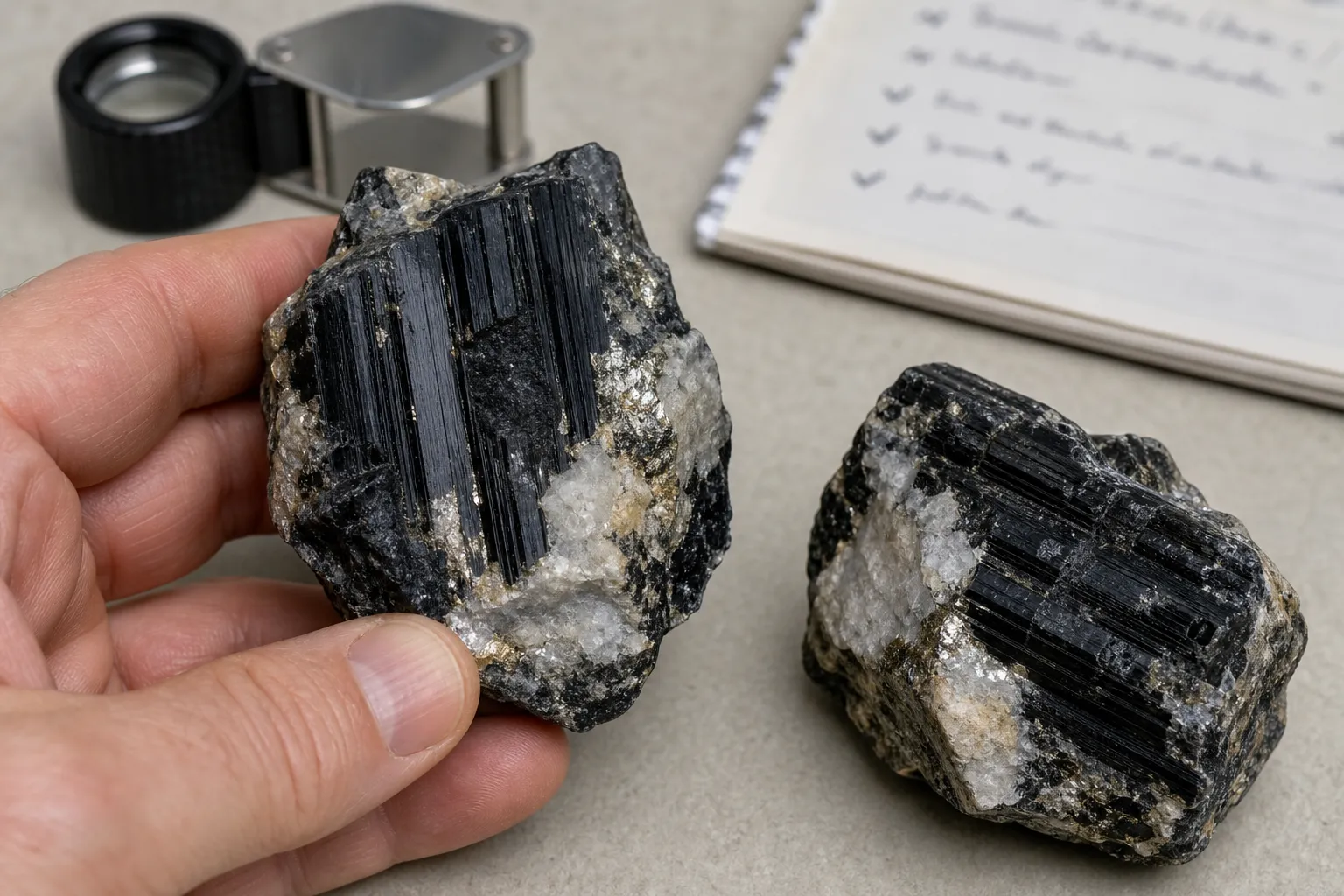 Close inspection of dark schorl, pale quartz-like areas, reflective flakes, and contact edges
