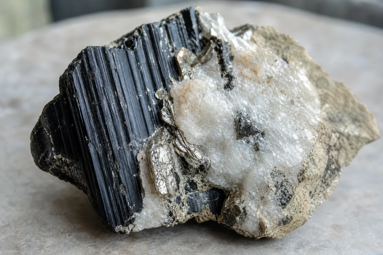 Black tourmaline specimen with pale matrix, reflective flakes, and visible contact zones
