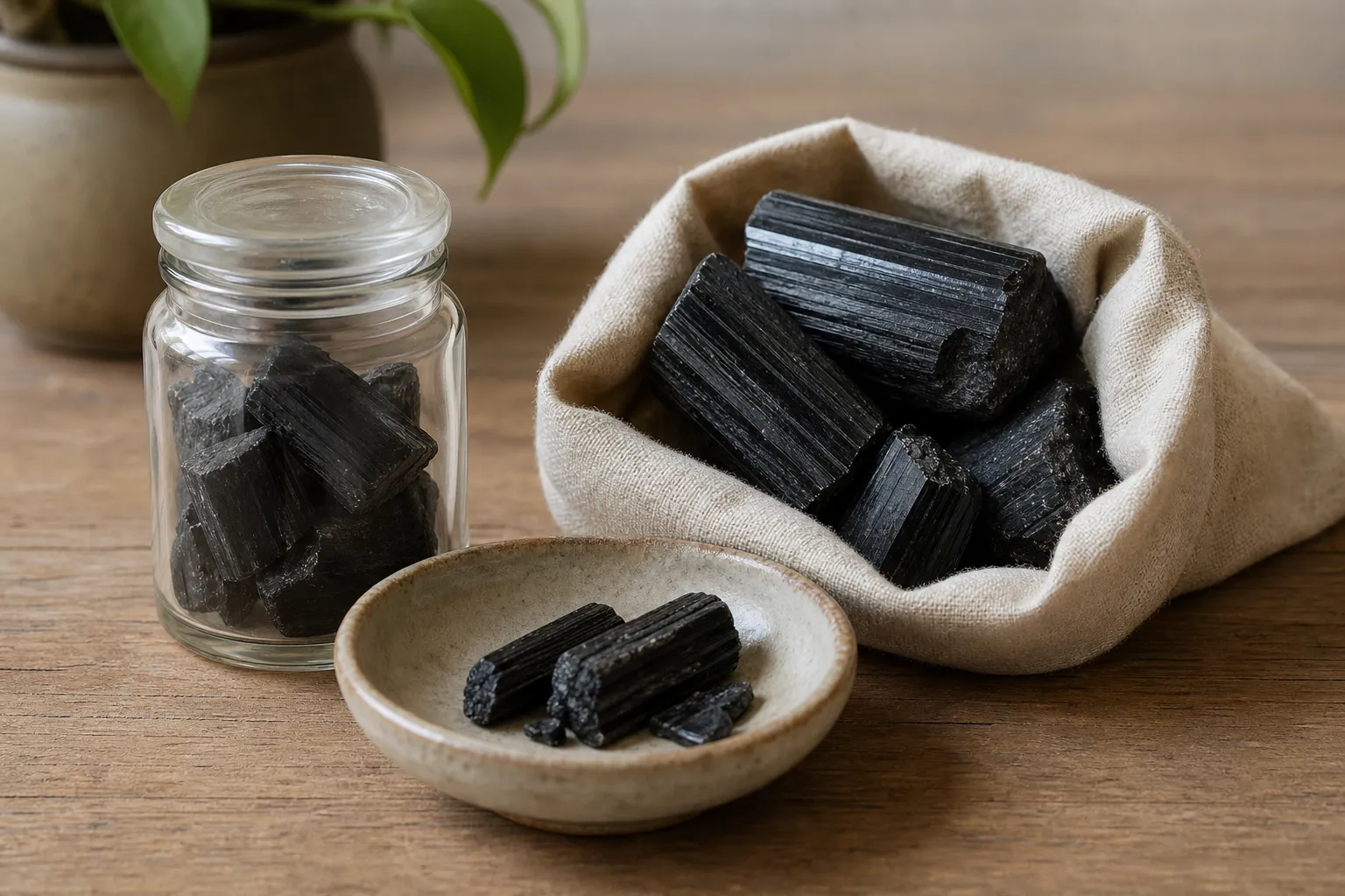 Broken black tourmaline fragments contained in a small jar, cloth wrap, and stable bowl for safe symbolic reuse