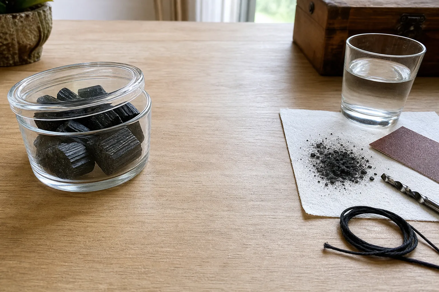 Sharp black tourmaline shards kept away from loose powder, water, and handled objects to show safe reuse boundaries