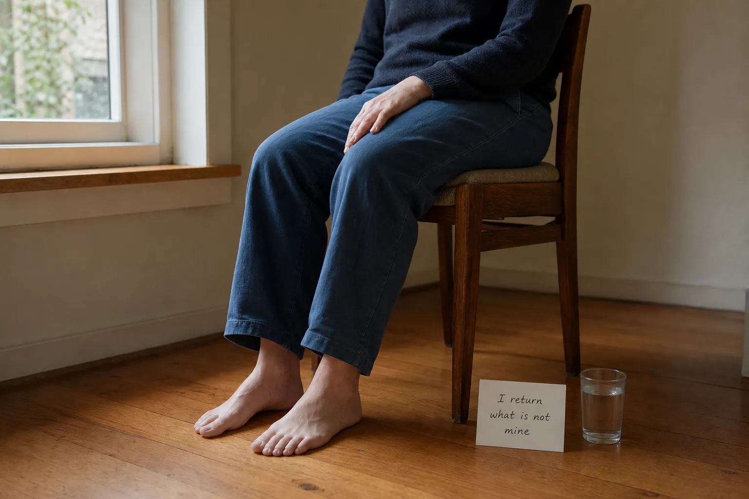 A grounded pause with feet on the floor and a quiet boundary phrase nearby