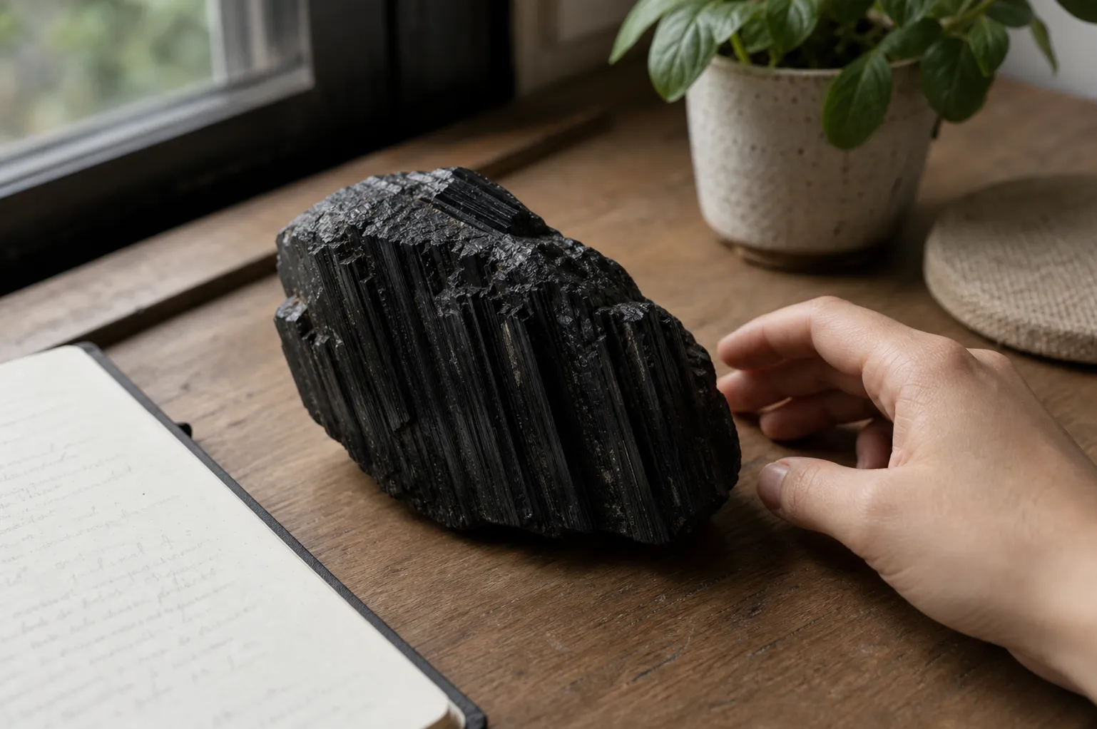 A black tourmaline specimen on a desk used as a tactile grounding cue