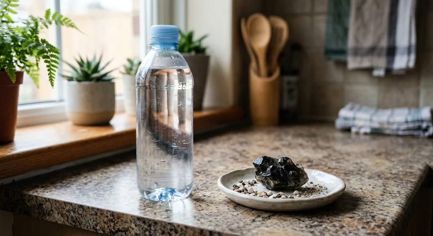 A dark crystal displayed near a sealed water bottle, emphasizing that chips, dust, or residue should not reach the drinking water.