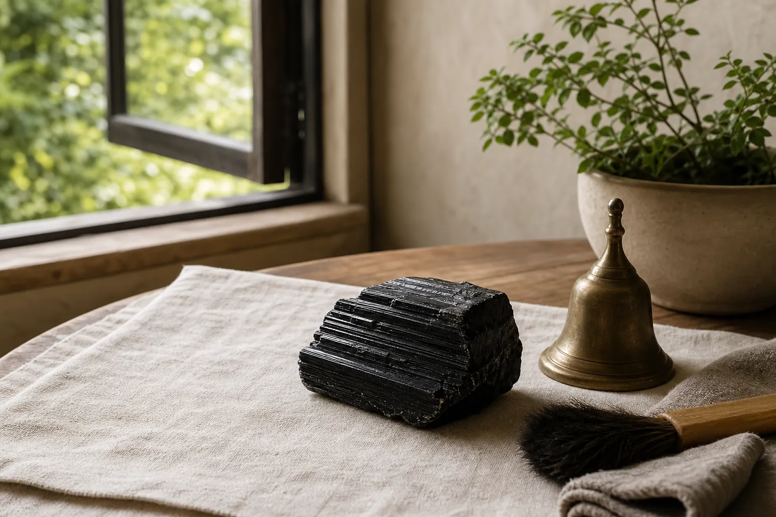 Black tourmaline resting on a clean cloth beside a bell near a window, showing a non-smoke reset option