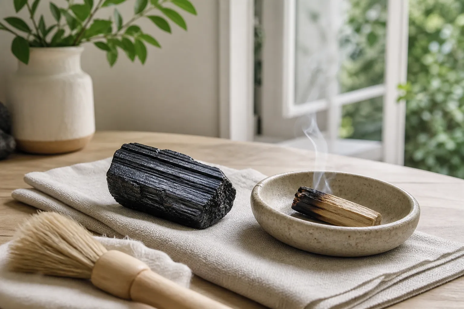 A black tourmaline stone placed near a small smoke source on a heat-safe dish in a ventilated room, away from direct flame