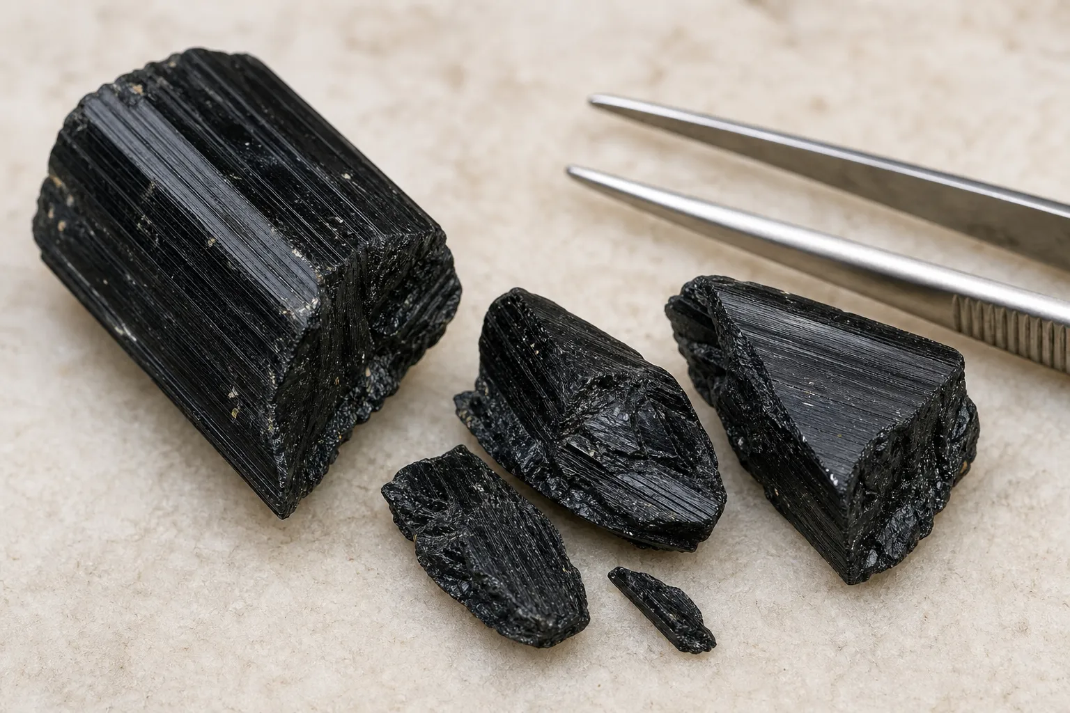 Raw black tourmaline showing jagged uneven fracture surfaces after impact