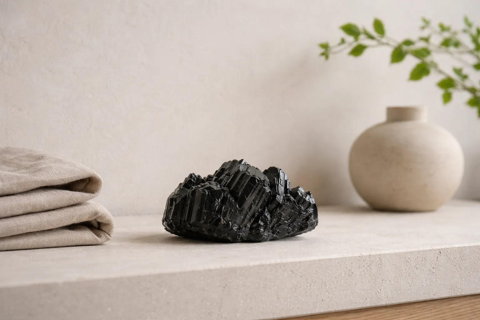 Black schorl used as a quiet visual anchor on a simple interior surface