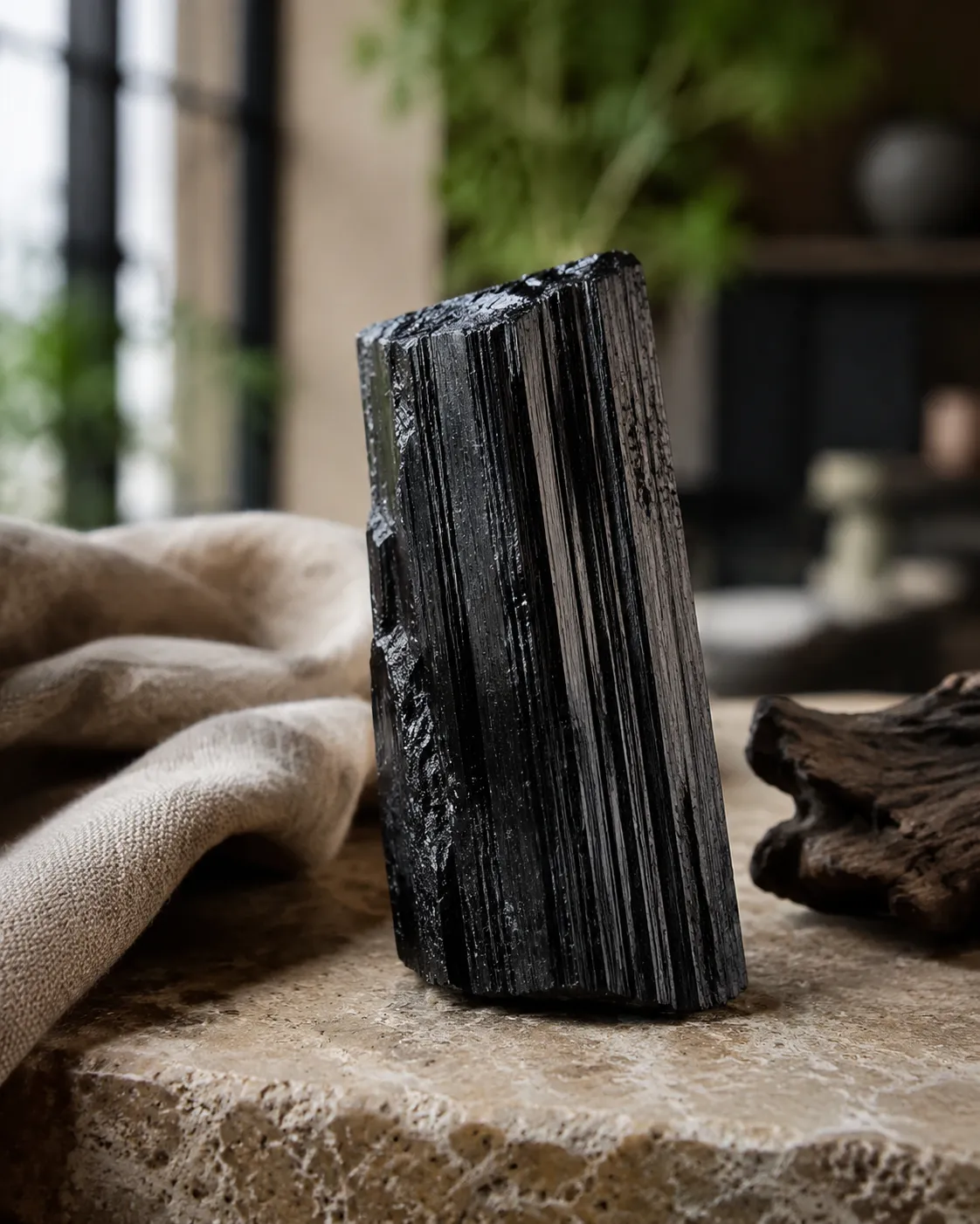 Raw black tourmaline crystal on stone and linen in soft daylight.