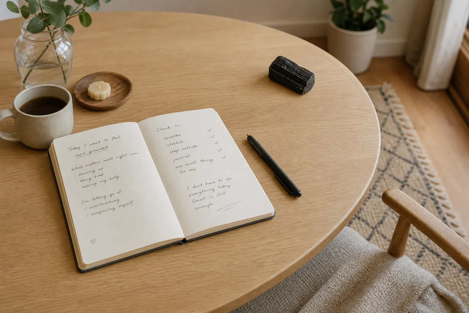 A journal page with gentle reflection prompts near a black tourmaline stone placed at a distance from the writing area