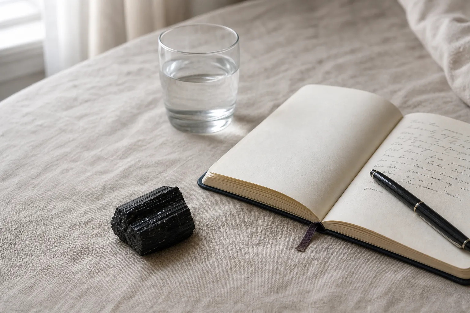 A black tourmaline stone set aside beside an open journal and a glass of water during a paused reflection session