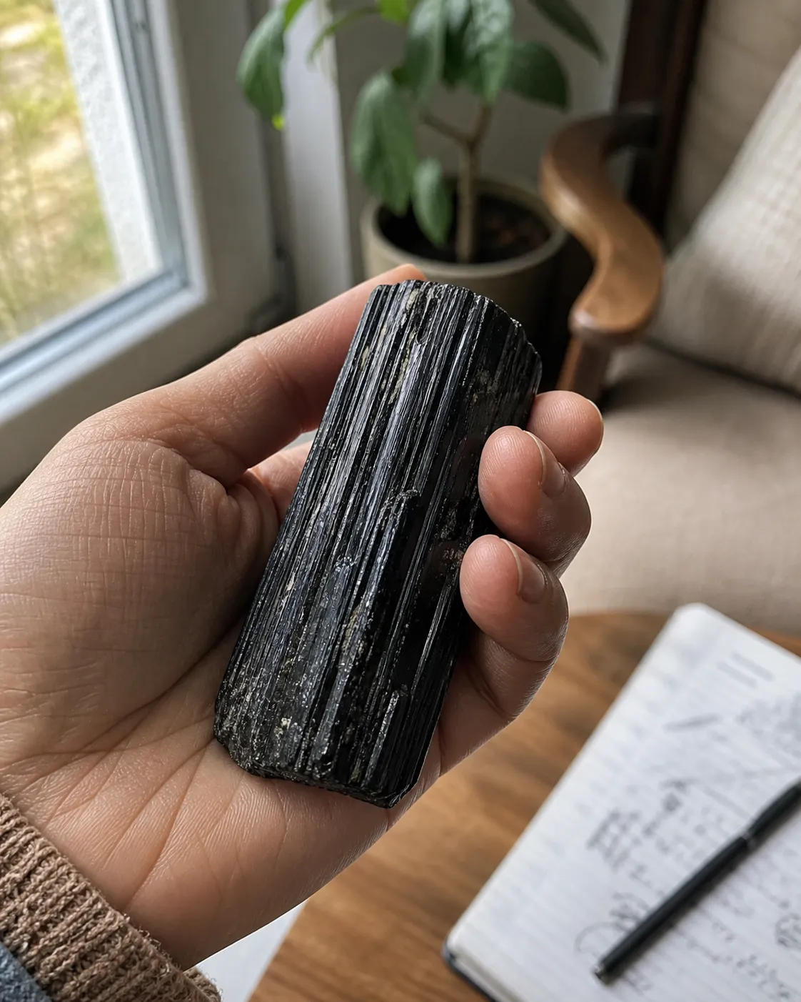 A hand holding a dense striated piece of black tourmaline as a tactile grounding reminder