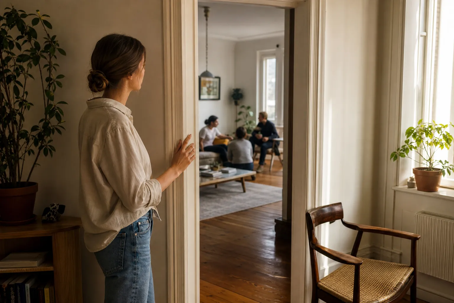 A calm threshold scene showing a sensitive person pausing between a busy room and a quieter grounded space