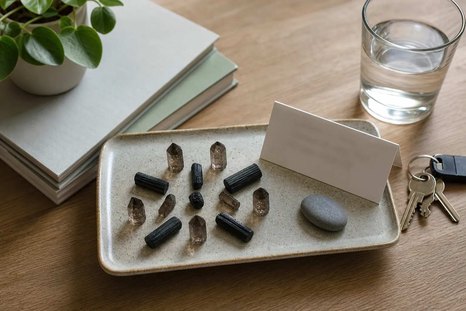 A small tray prepared for a ten-minute smoky quartz and black tourmaline grounding practice