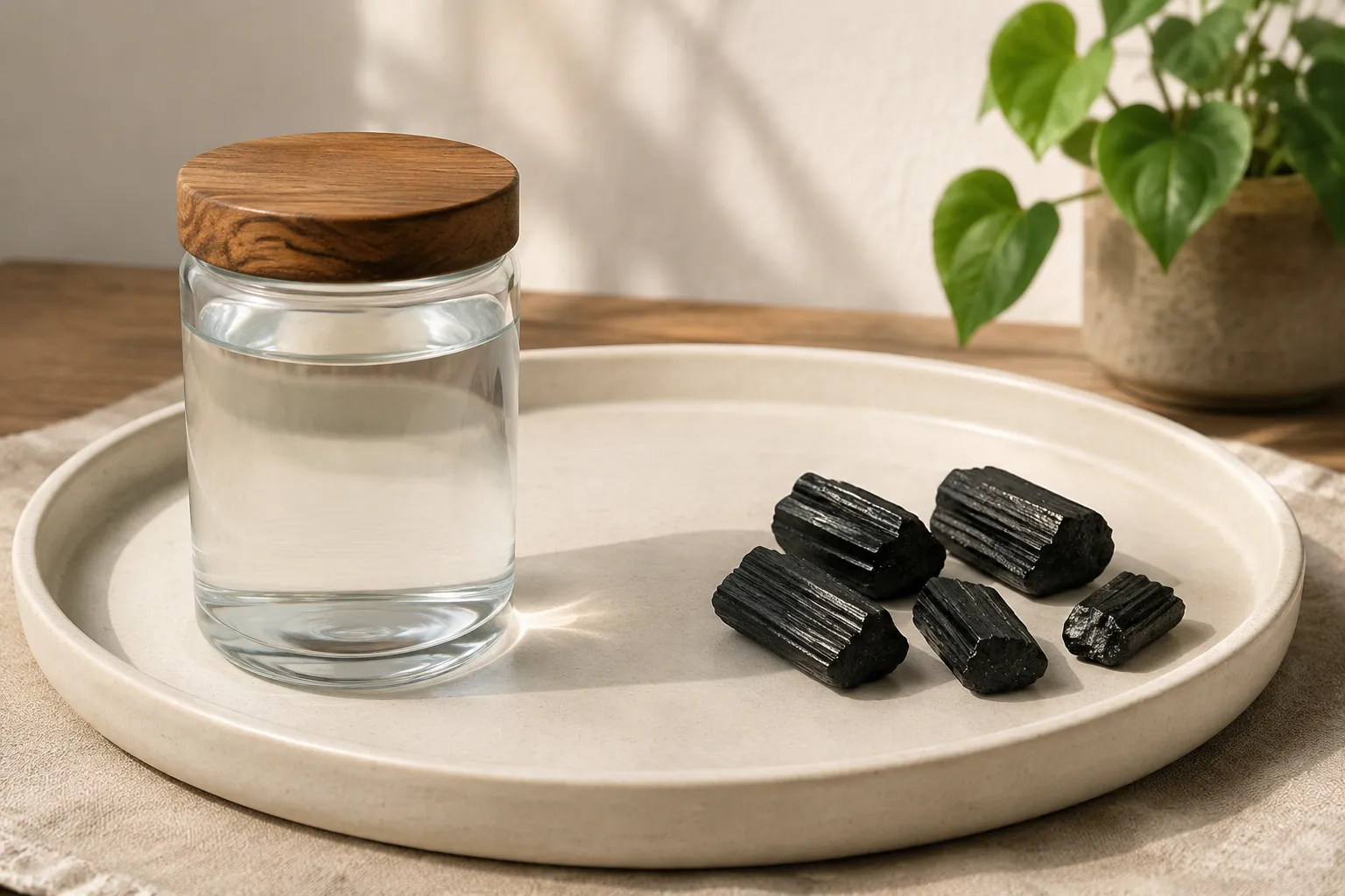 A clean covered drinking jar separated from dry black tourmaline pieces on a tray in soft daylight