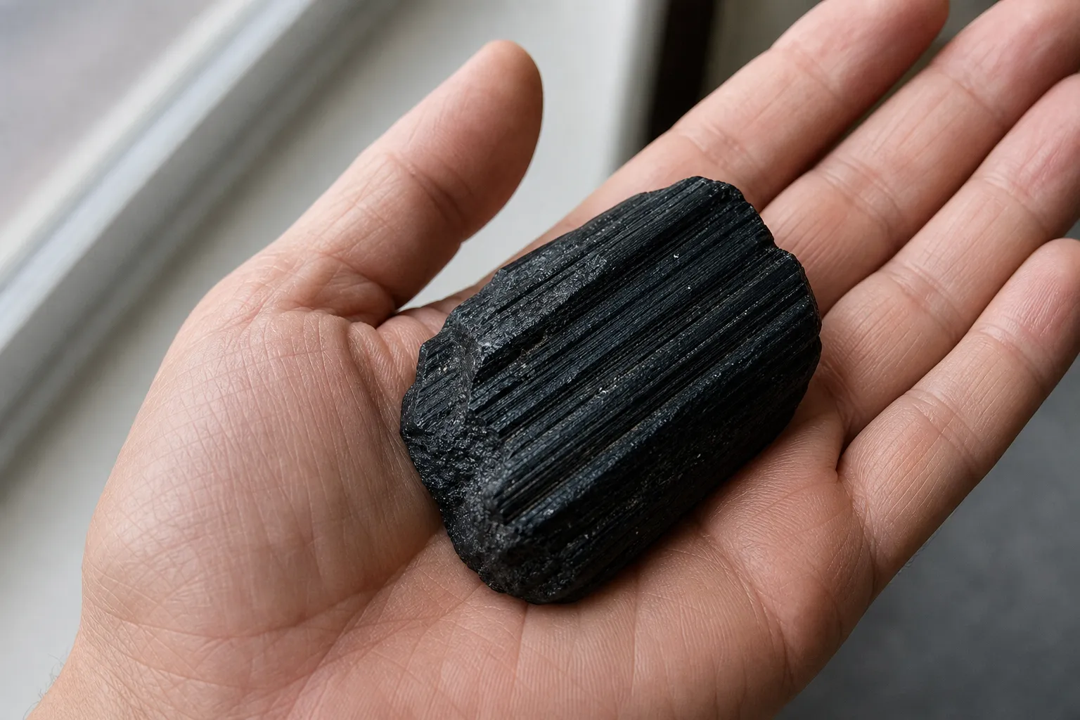 A dense mineral resting in an open hand as a tactile cue for weight, temperature, and contact.