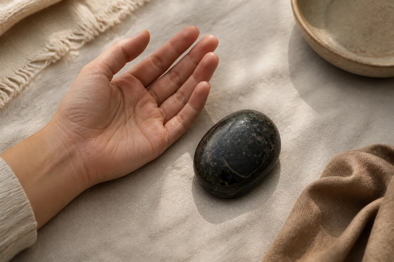A stable mineral object near an open palm, emphasizing loose grip, safe handling, and the option to put it down.