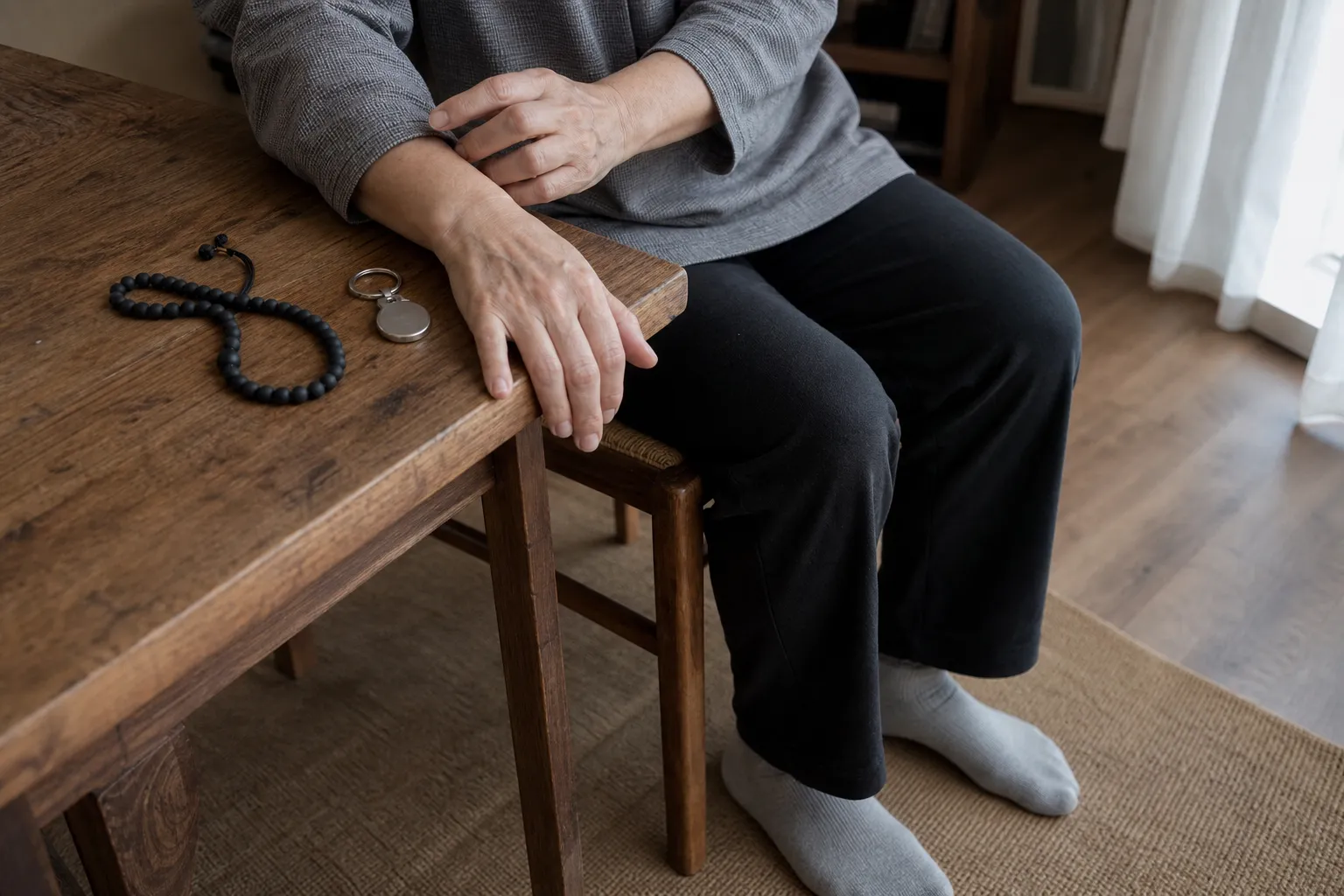 A matte stone necklace beside everyday cue alternatives such as a sleeve cuff, keychain, desk edge, and feet on the floor