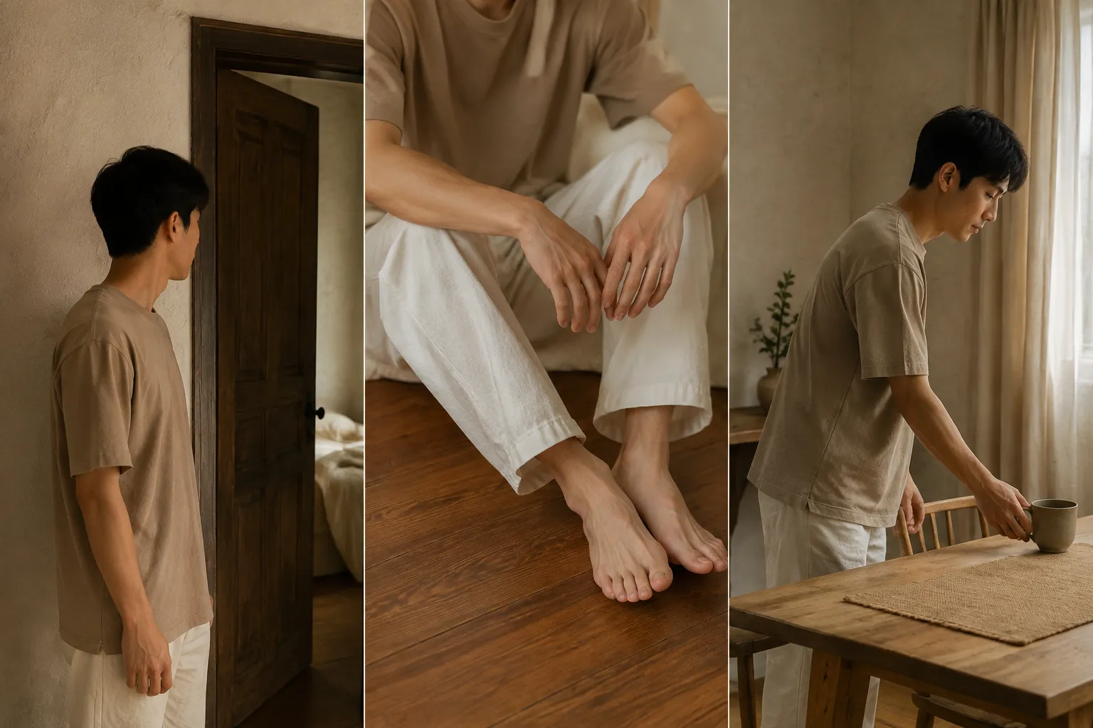 A simple sequence showing attention moving from room details to feet on the floor, bodily sensations, and one practical next action