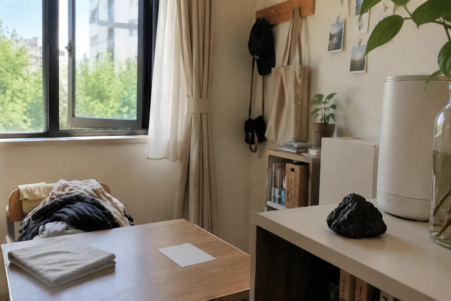 Dark mineral beside ordinary room-care cues such as a cleared surface and adjusted light