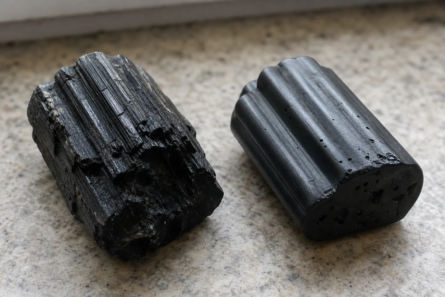 A raw black schorl specimen compared with a molded-looking black imitation to show structure, edges, and repeated form cues